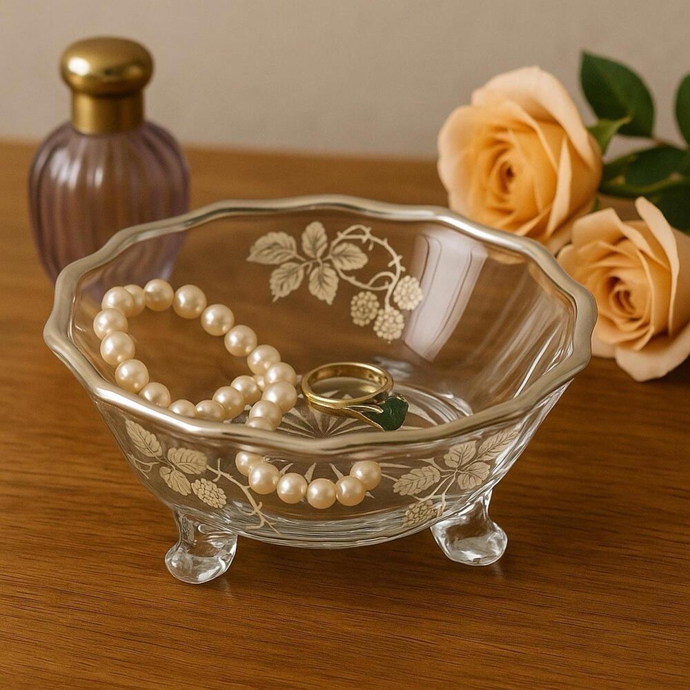 Silver City 1950s Floral Blackberry Silver Overlay Footed Bowl, 6x2.5”
